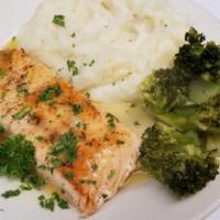 Grilled Salmon Plate · With lemon and butter sauce. Served with potato vegetable.