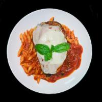 Pomodoro Pasta with Eggplant M.D · Fresh homemade plum tomato sauce, basil, Parmesan cheese, and eggplant with provolone cheese...