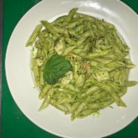 NEW PASTA-  Grilled Chicken Pesto Sauce Pasta M.D · pesto sauce and parmesan cheese. Served with 2 slices of garlic bread.