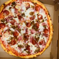 4 Meat Pizza · Mozzarella cheese, meatballs, pepperoni, ham, sausage and tomato sauce.
