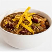 Large Quinoa Chili · Trio of beans, fire roasted tomatoes, corn tortilla strips