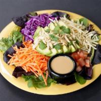 AvoCrunch Salad · Organic Field Greens, Tomato, Carrots, Red Cabbage, Crispy Noodles (GF), Sliced Avocado, Sli...