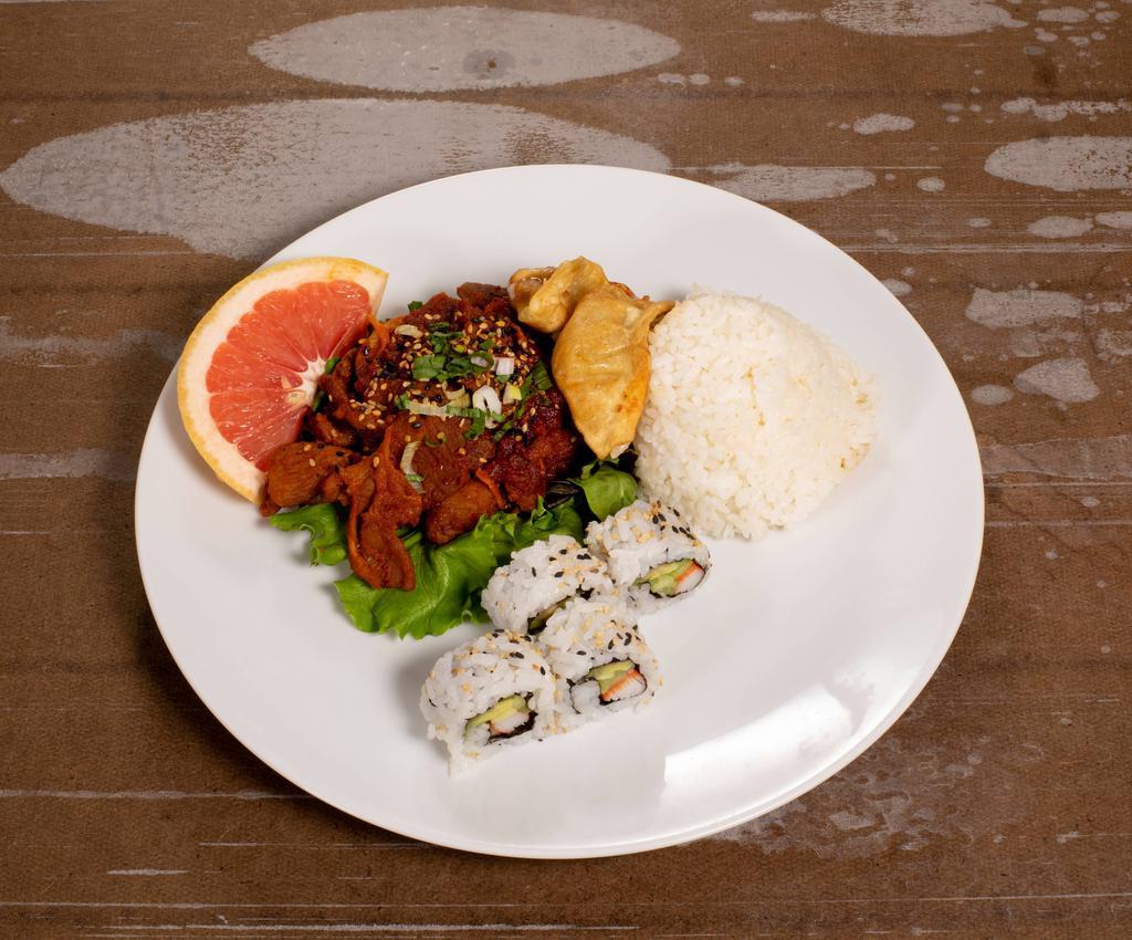 2. Spicy Pork Bulgogi Bento Box · Spicy Korean traditional BBQ sliced meat and vegetable marinate with house special sauce. Served with rice, 4 pieces Californian roll, 2 pieces fried gyoza and 1 piece seasonal fruit.