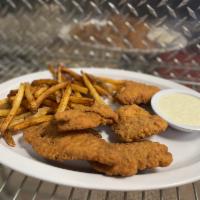 Chicken Fingers and Fries · Breaded crispy chicken tenders. Choice of Plain, Mild, Hot or BBQ. Served with either ranch ...