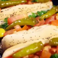 Vienna Hot Dog and Fries · Vienna hot dog topped with mustard, onions, relish, tomatoes, sport peppers, celery salt & a...
