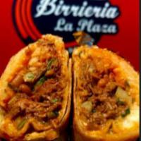 Burrito · Birria, frijoles (beans), arroz (rice),  queso (cheese), cilantro, cebolla, all wrapped in a...