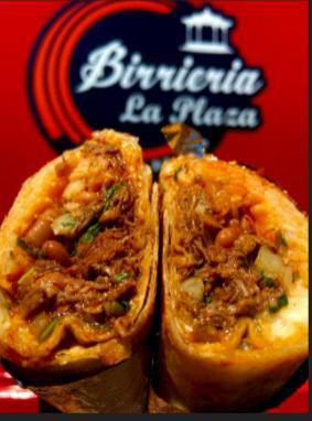 Burrito · Birria, frijoles (beans), arroz (rice),  queso (cheese), cilantro, cebolla, all wrapped in a huge flour tortilla.