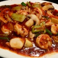 Thai Kraphral Shrimp · Hot and Spicy. Shrimp stir fried with fresh chili pepper, mint, onion, bamboo shoot in a spe...