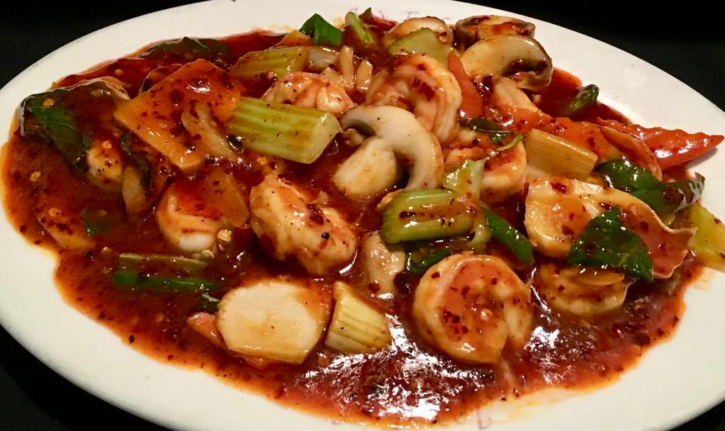 Thai Kraphral Shrimp · Hot and Spicy. Shrimp stir fried with fresh chili pepper, mint, onion, bamboo shoot in a special blend chili sauce.