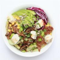 Vegan of the Sea · Vegetarian chicken, tofu, shiitake mushroom, sweet corn, edamame, cucumber, sesame shoyu sau...