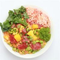 Hawaii Sunset · Spicy tuna, tuna, mango, edamame, sweet corn, kale, poke special sauce, kani salad, green on...