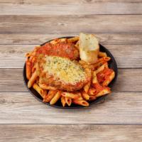Chicken Parmigiana Dinner · Fresh-made chicken parmigiana smothered in delicious parmigiana cheese topped with our own m...