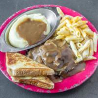 Chopped Steak · Ground chuck, grilled medium-well and topped with grilled onions, mushrooms, and brown gravy. 