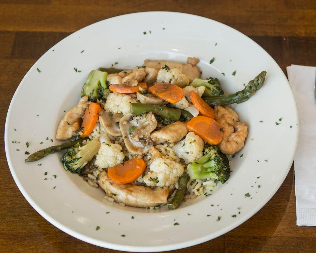 8. Stir-Fry Chicken · With garden vegetables over rice. Includes soup or salad.