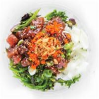 Da Kine Signature Poke Bowl · Tuna. Marinated tuna, sweet onion, seaweed salad (contains gluten), masago (contains gluten)...