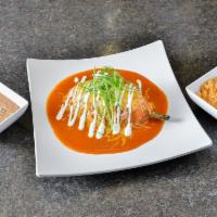 Chile Relleno · Poblano pepper filled with mexican cheese. Coated in fluffy eggs and red sauce. Topped with ...