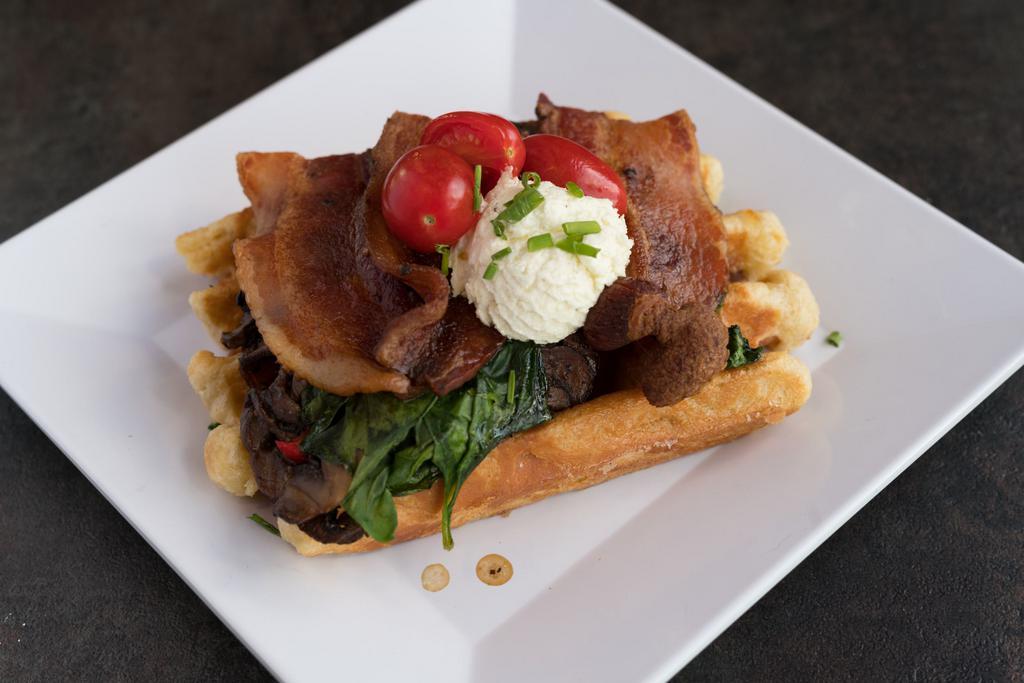 The Whole Farm · Balsamic-red Wine braised mushrooms and onions, roasted red peppers, spinach, fresh tomato, topped with lemon and thyme infused chevre.