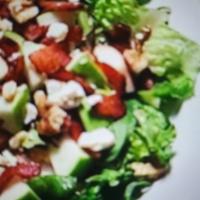 Apple & Blue Cheese Salad · Mixed greens with fresh apples, blue cheese, bacon and candied walnuts with our house vinaig...