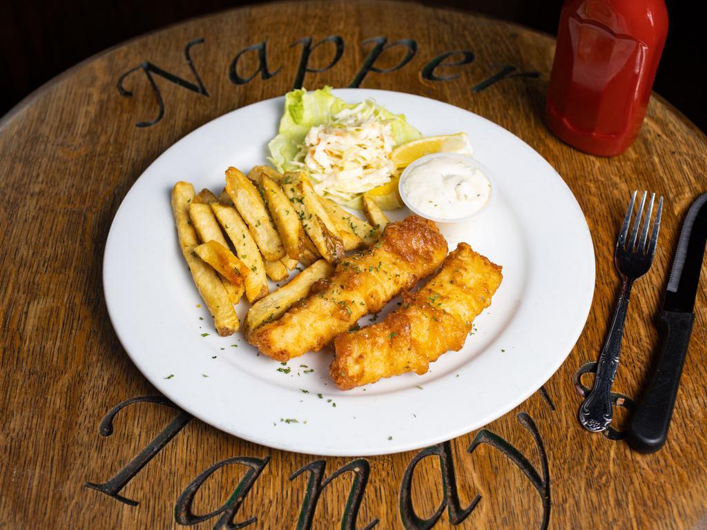 Fish and Chips · Beer-battered cod fillets with tartar sauce served with hand-cut fries and coleslaw.