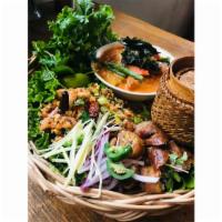 Lao Appetizer Platter · Chicken Lao style fried spring rolls, Lao sausages, and Kao Nam Tod. Served with vermicelli ...