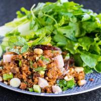 Vegetarian Kao Nam Tod Salad · Rice ball salad.