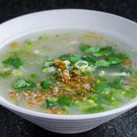 Kao Piak Soup (Gluten-Free) · Homemade rice noodle in thickens the chicken broth. Served with chicken thighs, and ground c...