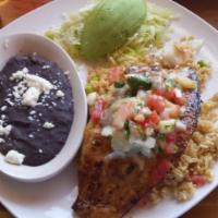 Fish Playa Azul · Grlled fish fillet served on a bed of fried rice and topped with crab meat, lemon butter sau...