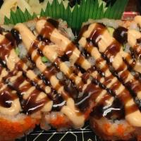 S15. *Blazing Roll · Spicy salmon ＆ avocado topped with masago, unagi sauce and spicy mayonnaise
