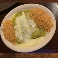 Enchiladas Suizas · 3 beef or chicken enchiladas, covered with green sauce and Monterey cheese. Served with rice...