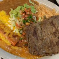 Tampiquena · One 6 oz. beef or chicken fajita and 1 cheese enchilada. Served with rice, beans, pico de ga...
