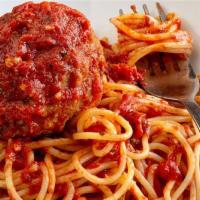 Classic Spaghetti & Meatballs · Italian style meatballs made with beef, pork, romano, and ricotta, over thin spaghetti in ou...
