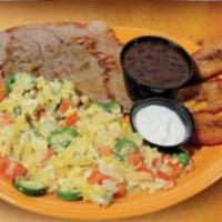 Mexican Breakfast · Scrambled eggs with tomato, onions, and jalapeno peppers. served with steak, beans, sweet pl...