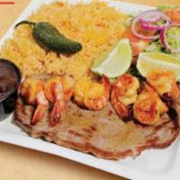 Grilled Steak with Shrimp · Served with rice, beans, green salad, and grilled jalapeno.