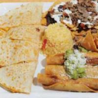 Jalapeno's Platter · Steak nachos, fried rolled taquitos, quesadilla, guacamole, rice, and beans.