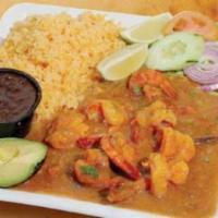 Shrimp in Spicy Sauce · Served with rice, beans, and green salad.