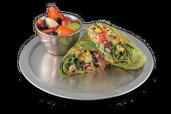 Quinoa Wrap · Spinach tortilla with hummus, cucumber, banana peppers, green bell peppers, quinoa black bean salad mix and spinach, served with a side of fresh-cut fruit.