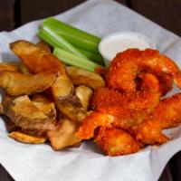 6 Pieces Buffalo Prawns and Chips · Wild-caught prawns coated in hot and spicy Buffalo sauce, served with ranch dip and celery s...