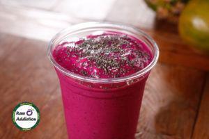 16 oz. Dragon Berry Smoothie · Pitaya, pineapple, mango, soy milk, agave, garnished with chia seeds.