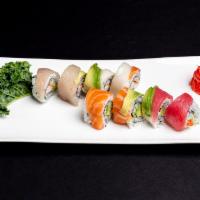 T2 Rainbow Roll · Tuna, Salmon, White Fish, Avocado over California Roll