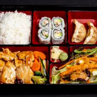 L16 Chicken Teriyaki Lunch Bento Combo · Our grilled house made teriyaki sauce chicken served with rice, salad, gyoza, and house sush...