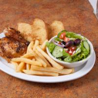 2. 1/4 Chicken, Salad and Side Order Combo · 1/4 Chicken, Small Greek Salad, Side Order and choice of Pita Bread or Garlic Bread.