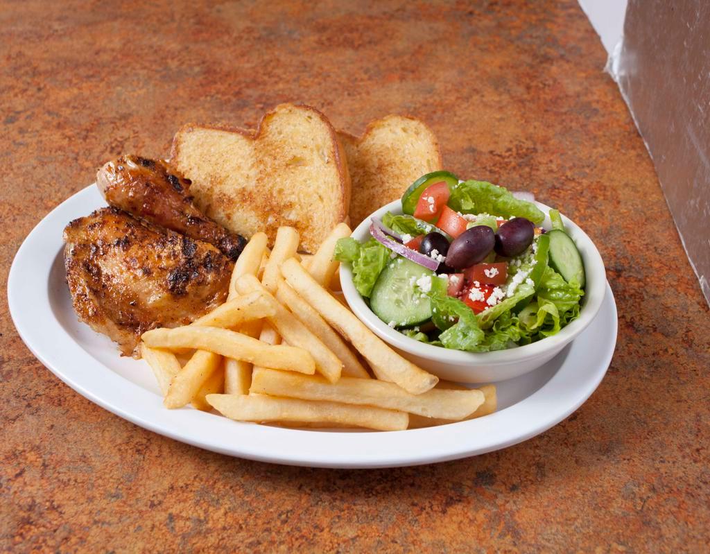 2. 1/4 Chicken, Salad and Side Order Combo · 1/4 Chicken, Small Greek Salad, Side Order and choice of Pita Bread or Garlic Bread.