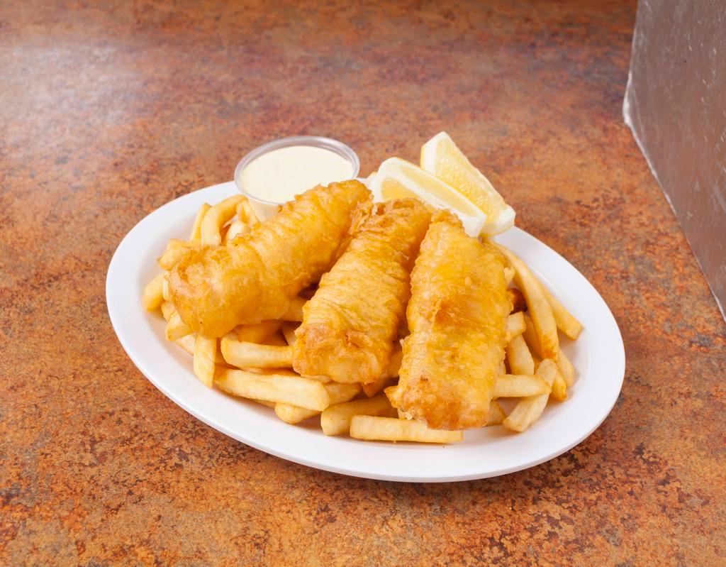 Fish and Chips · 3 Pieces of Beer Battered Fish and Fries. Comes with Tartar Sauce and Lemon.