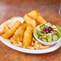 Fish Dinner · 3 Pieces of Beer Battered Fish, small greek salad, side order and bread. Comes with Tartar S...