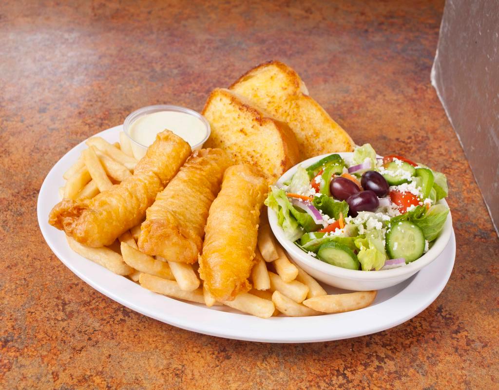 Fish Dinner · 3 Pieces of Beer Battered Fish, small greek salad, side order and bread. Comes with Tartar Sauce and Lemon.