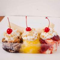 Banana Split · Options of a small or larger size. Small will be served in a cup and large in a boat.