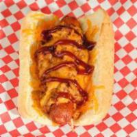 Farmboy Dog · 1/4 lb. all-beef dog smoked in house topped with house-smoked pulled pork tossed in BBQ sauc...