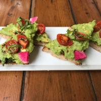 AVOCADO TOAST · avocado, radish, crushed red pepper, cherry tomatoes, olive oil on thick focaccia (GF +2)
