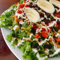 Legendary Kale Colossus Salad · Massaged kale, SunChorizo, marinated mushrooms and bell peppers, pico de gallo, 3 house dres...
