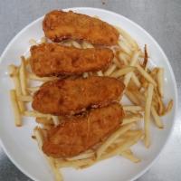 Chicken fingers · Golden brown chicken tenders and shoestring fries